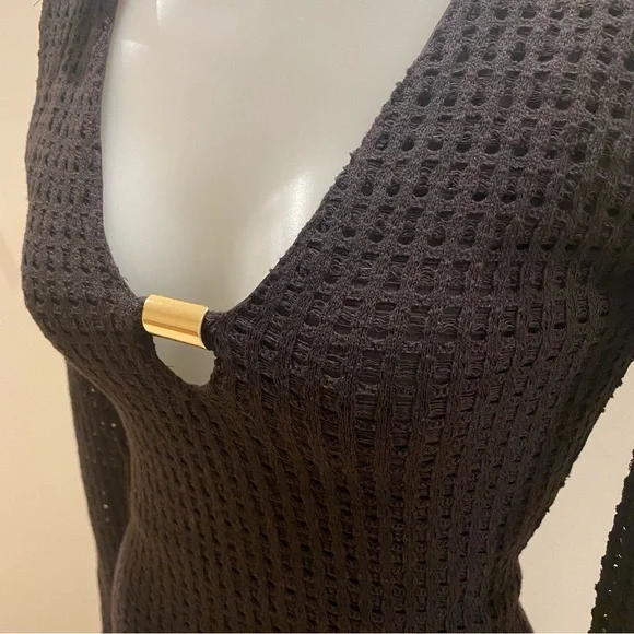 Zara NWT black open weave V-neck midi dress long sleeve gold accents size XS - Picture 6 of 15